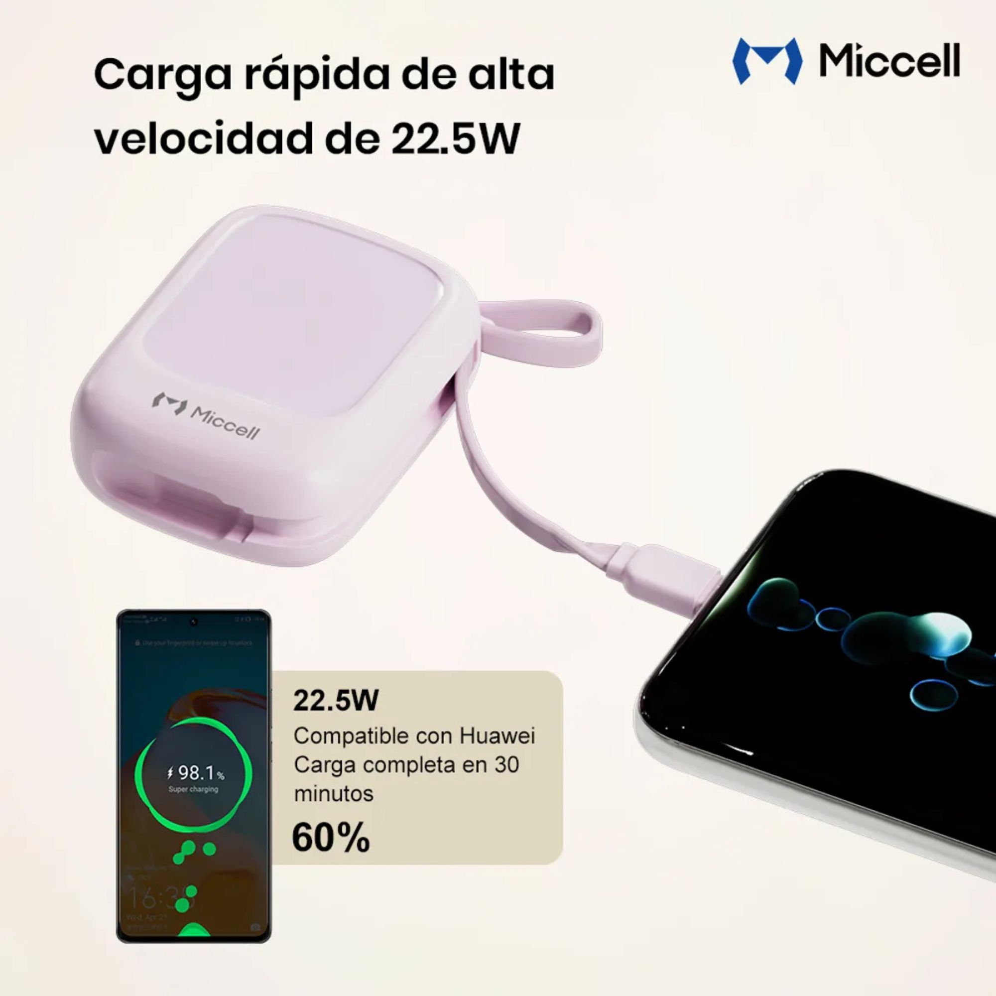 MICCELL 10000MAH POWER BANK PD225W CON CABLE INTEGRADO Y CARGA RÁPIDA TYPE-C BEIGE - 6