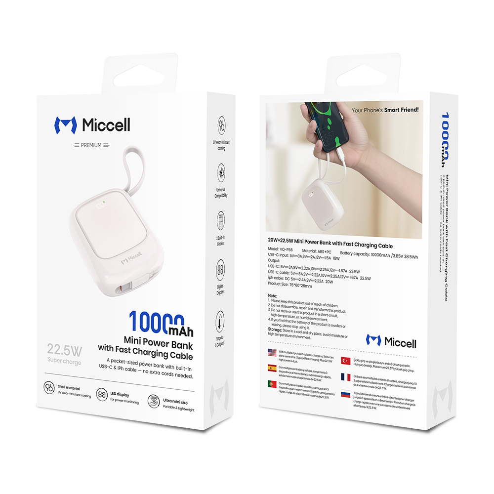 MICCELL 10000MAH POWER BANK PD225W CON CABLE INTEGRADO Y CARGA RÁPIDA TYPE-C BEIGE - 8