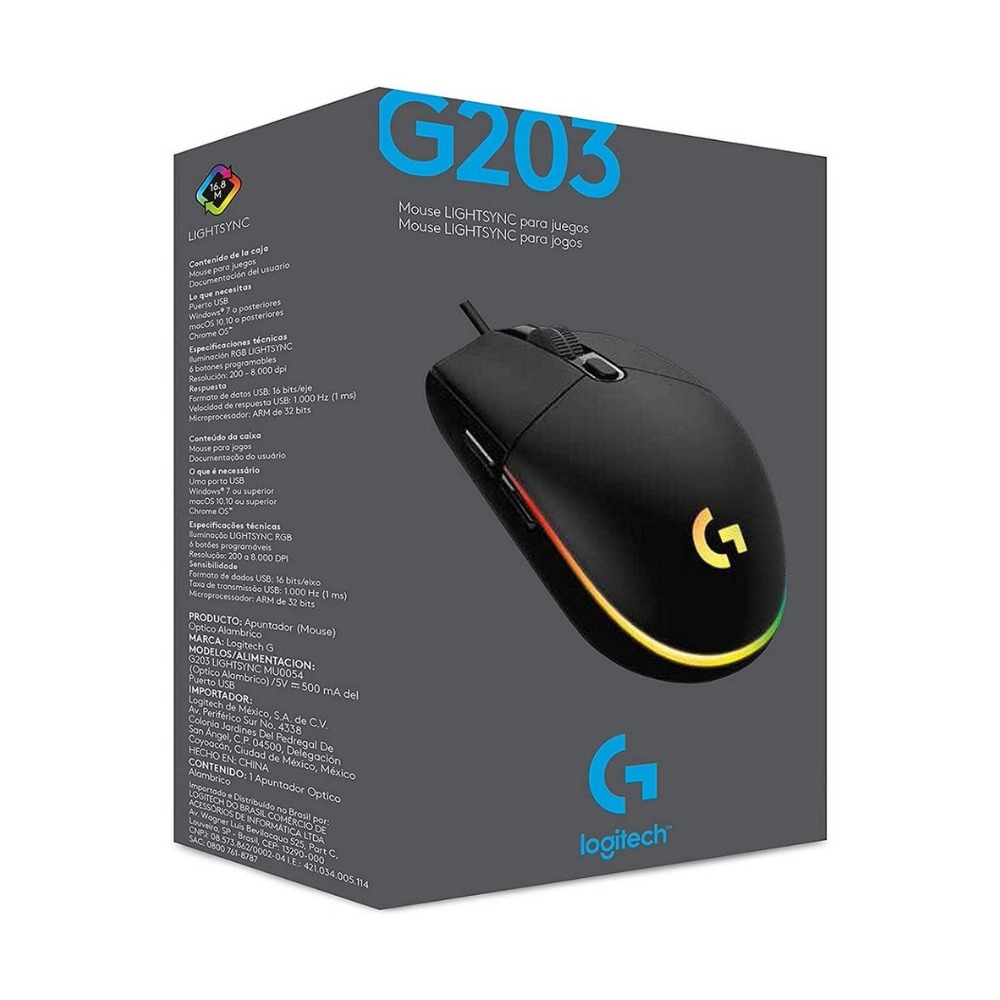 MOUSE LOGITECH G203 LIGHTSYNC OPTICAL 8000 DPI RGB BLACK 910-005790 - 1