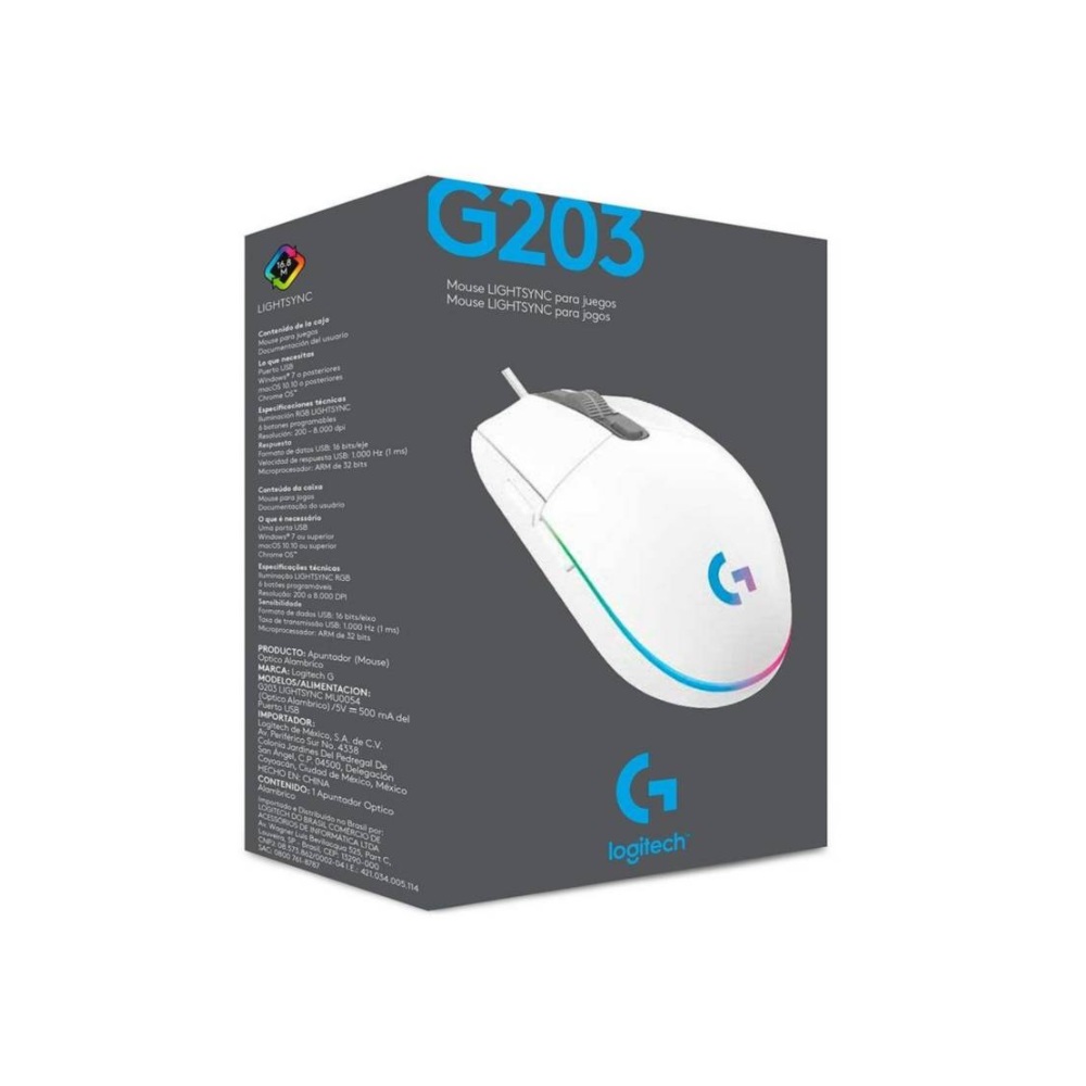 MOUSE LOGITECH G203 LIGHTSYNC OPTICAL 8000 DPI RGB WHITE 910-005791 - 1