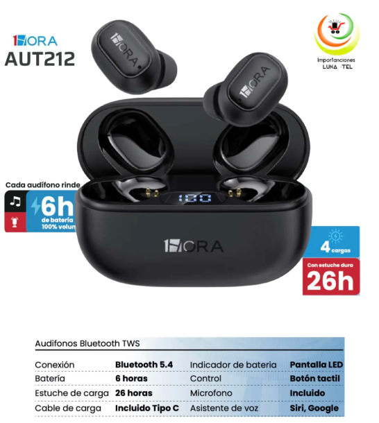 AUDIFONOS BLUETOOTH TWS, MODELO AUT212 NEGRO, MARCA 1HORA - 1