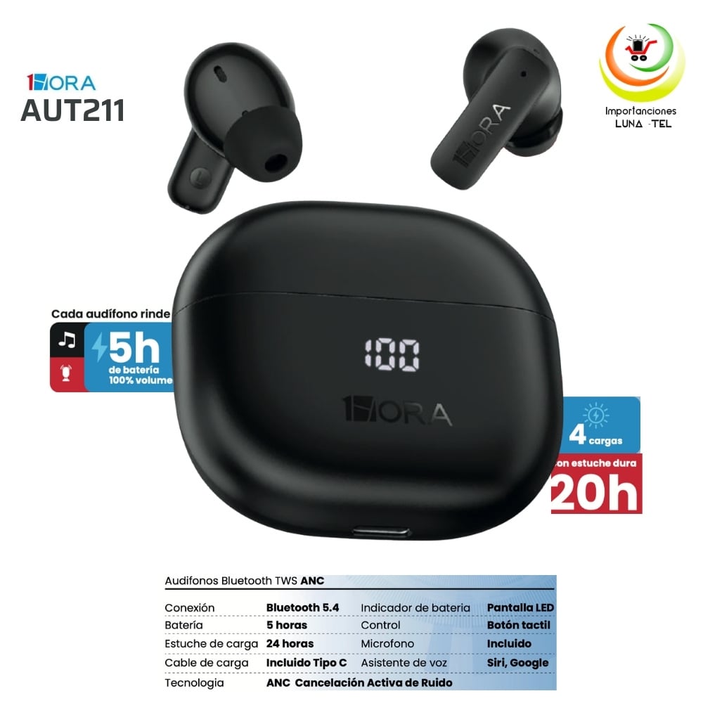 AUDIFONOS BLUETOOTH TWS, MODELO AUT211 NEGRO, MARCA 1HORA - 1