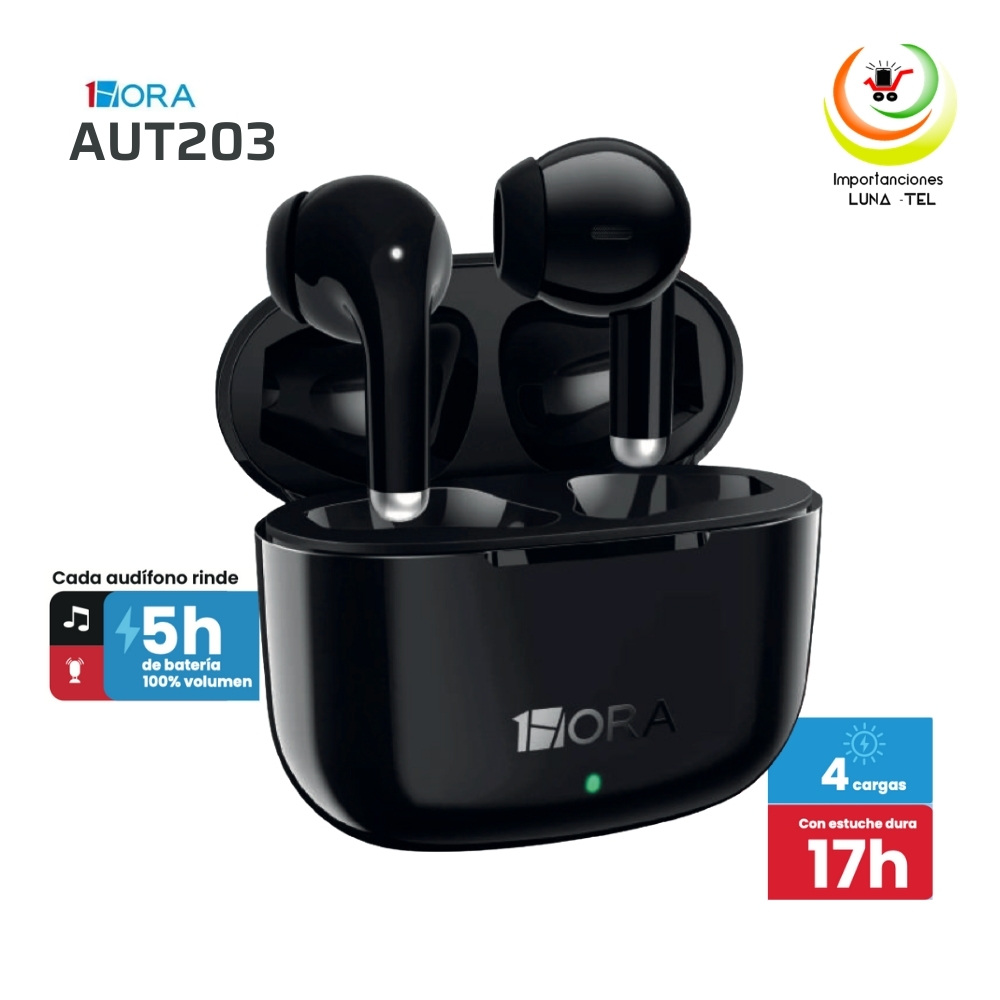 AUDIFONOS BLUETOOTH TWS MODELO AUT203 NEGRO MARCA 1HORA - 1