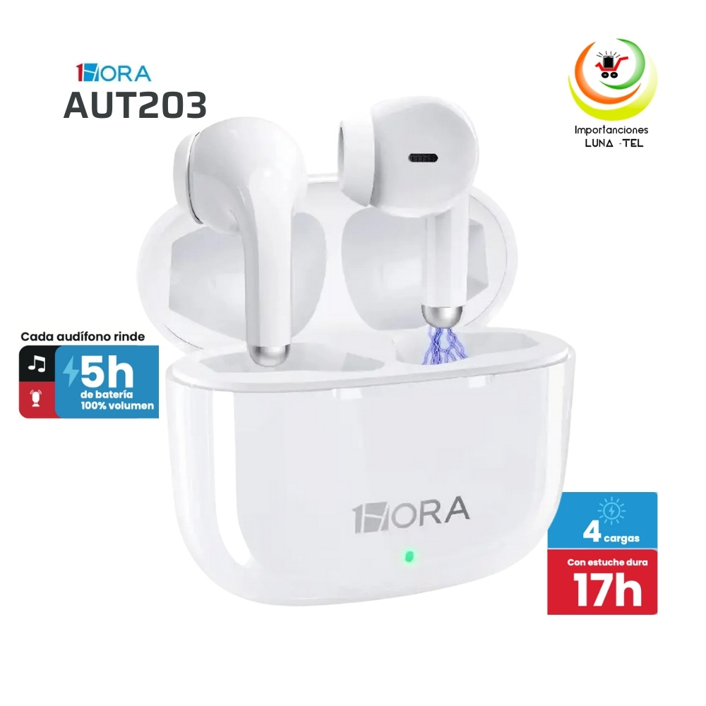 AUDIFONOS BLUETOOTH TWS MODELO AUT203 BLANCO MARCA 1HORA - 1