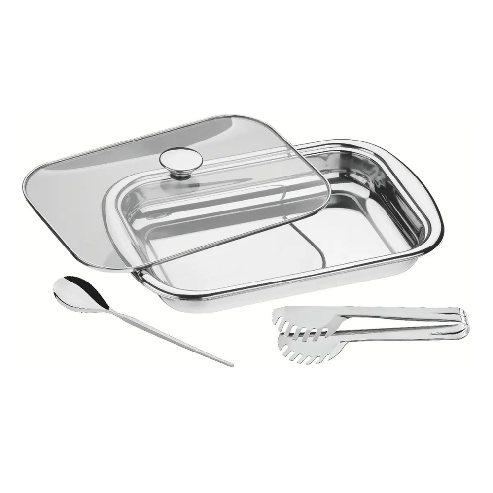 KIT COSMOS TRAMONTINA 3 PIEZAS PARA ASAR Y SERVIR ACERO INOXIDABLE CON TAPA DE VIDRIO - 3