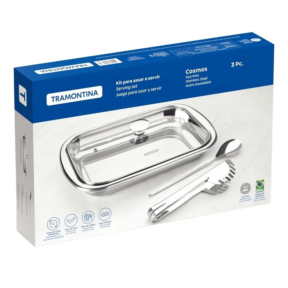 KIT COSMOS TRAMONTINA 3 PIEZAS PARA ASAR Y SERVIR ACERO INOXIDABLE CON TAPA DE VIDRIO - 4
