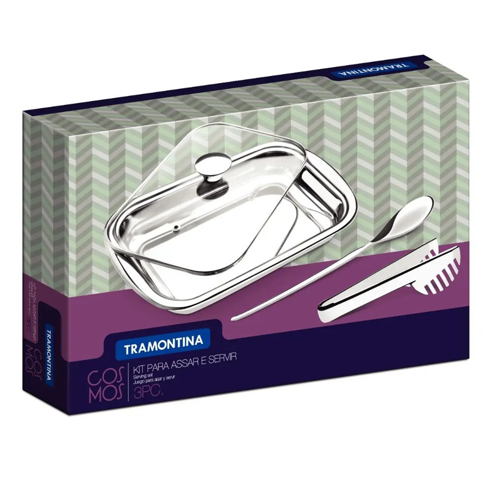 KIT COSMOS TRAMONTINA 3 PIEZAS PARA ASAR Y SERVIR ACERO INOXIDABLE CON TAPA DE VIDRIO - 5