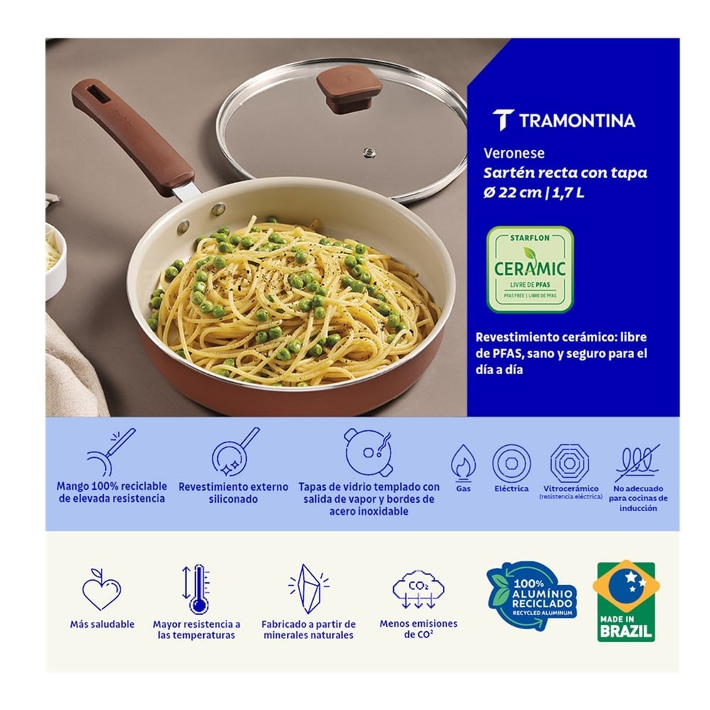 SARTEN TRAMONTINA VERONESE CERAMICA CON TAPA DE VIDRIO 22 CM DIAMETRO - 3