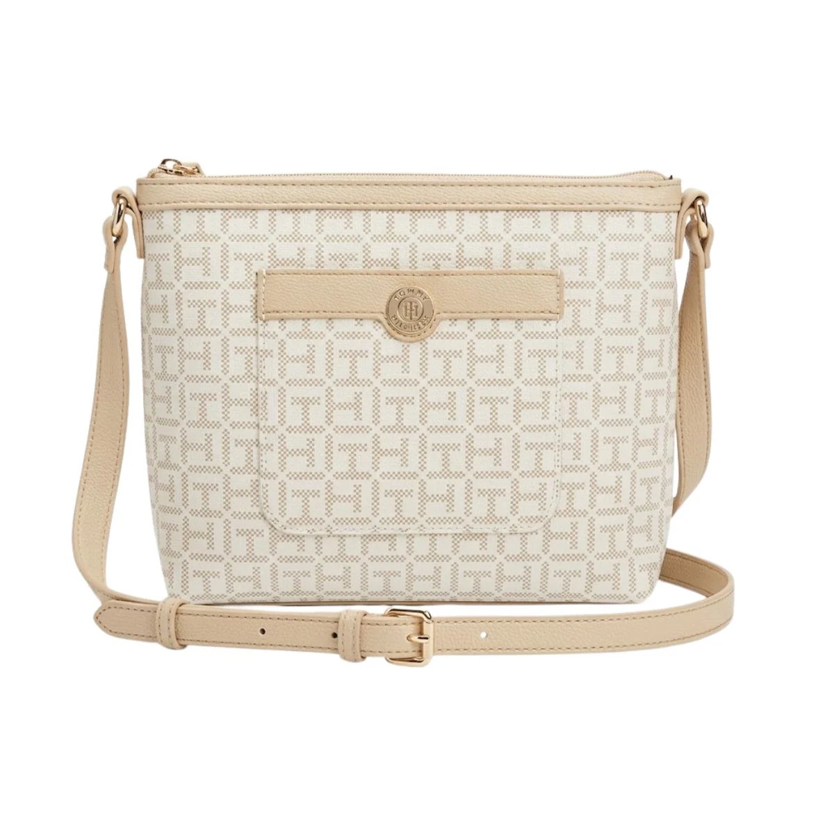 CARTERA JADEN PLUS BANDOLERA TOMMY HILFIGER 69J559 BEIGE CON BLANCO E ICONICO LOGO - 1