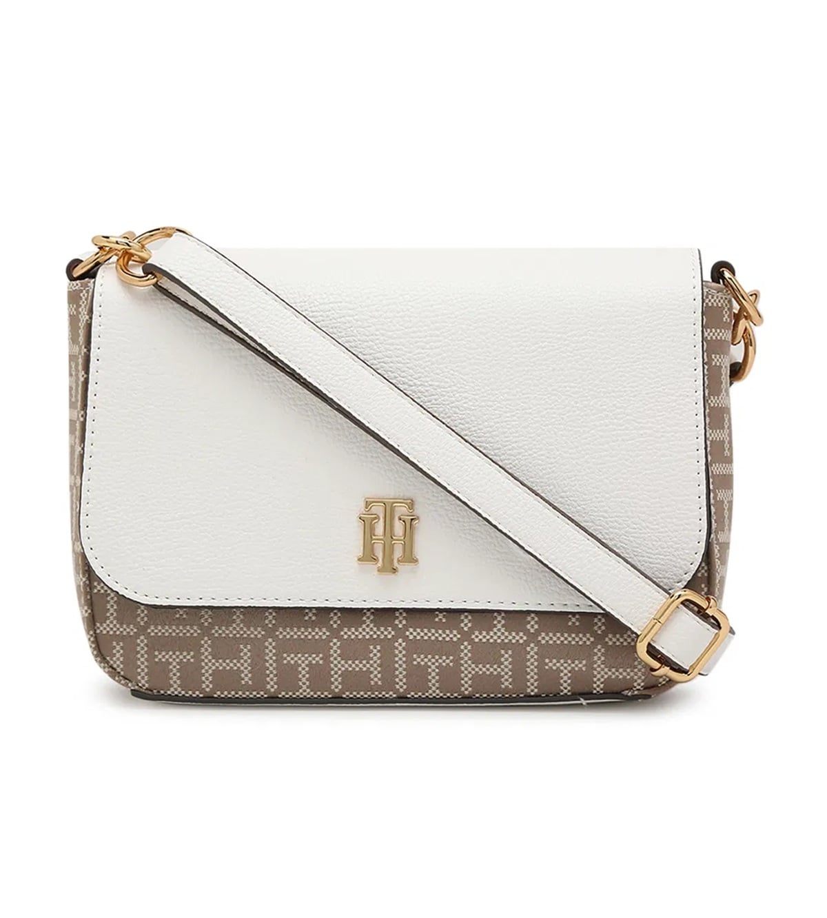 CARTERA BANDOLERA MAXINE CON SOLAPA BLANCO CON DORADO Y MONOGRAMA TOMMY HILFIGER - 1