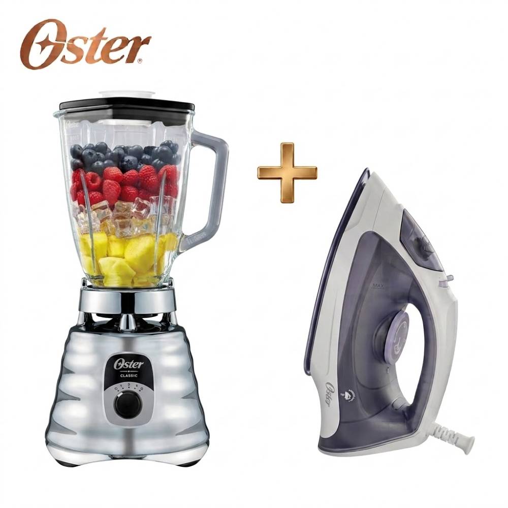 COMBO OSTER: LICUADORA CON PERILLA BLST4655 053 CROMADO + PLANCHA DE VAPOR LIGERA GCSTBS3802 - 1