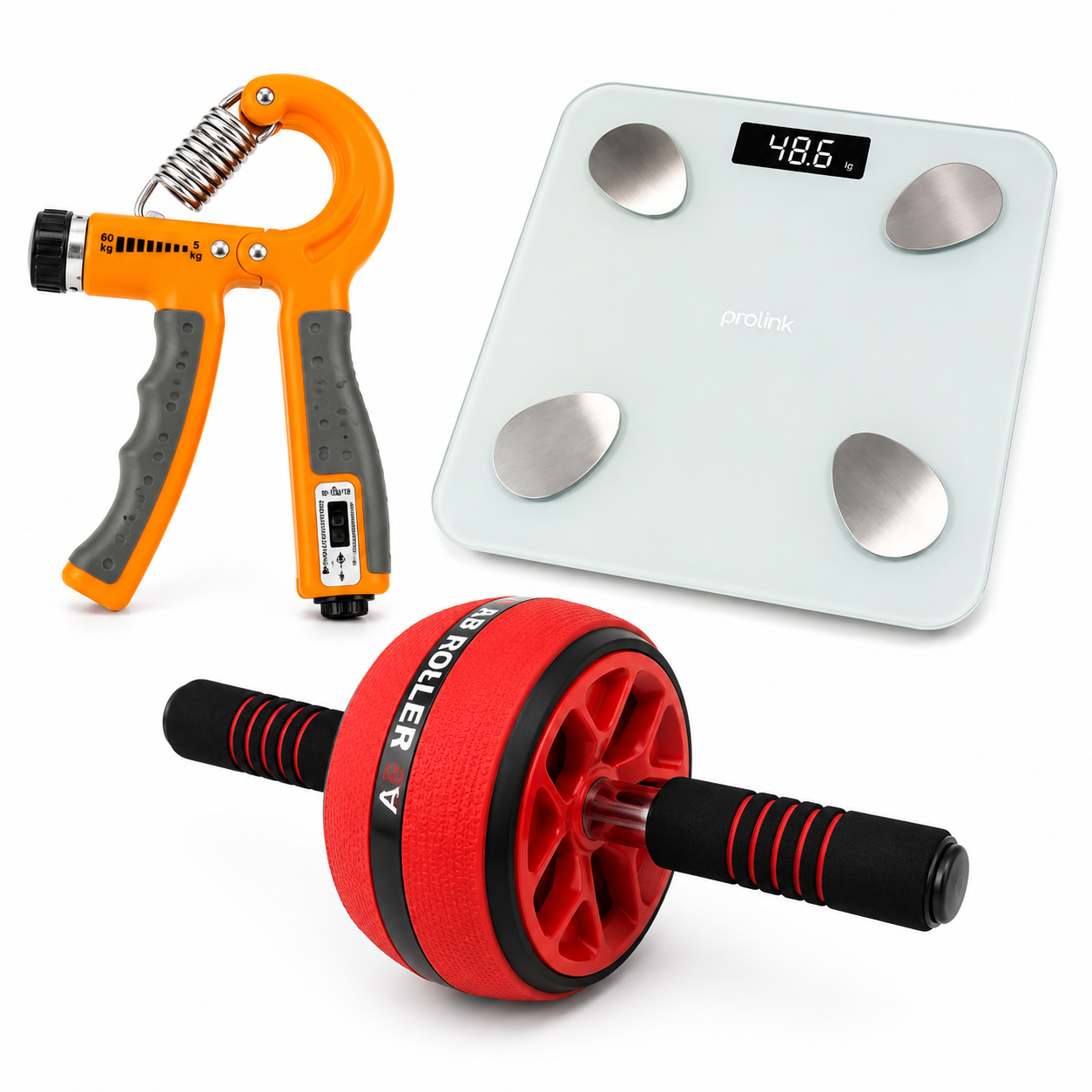 COMBO GIMNASIO BALANZA DIGITAL + EJERCITADOR DE MANO + RUEDA ABDOMINAL - 1