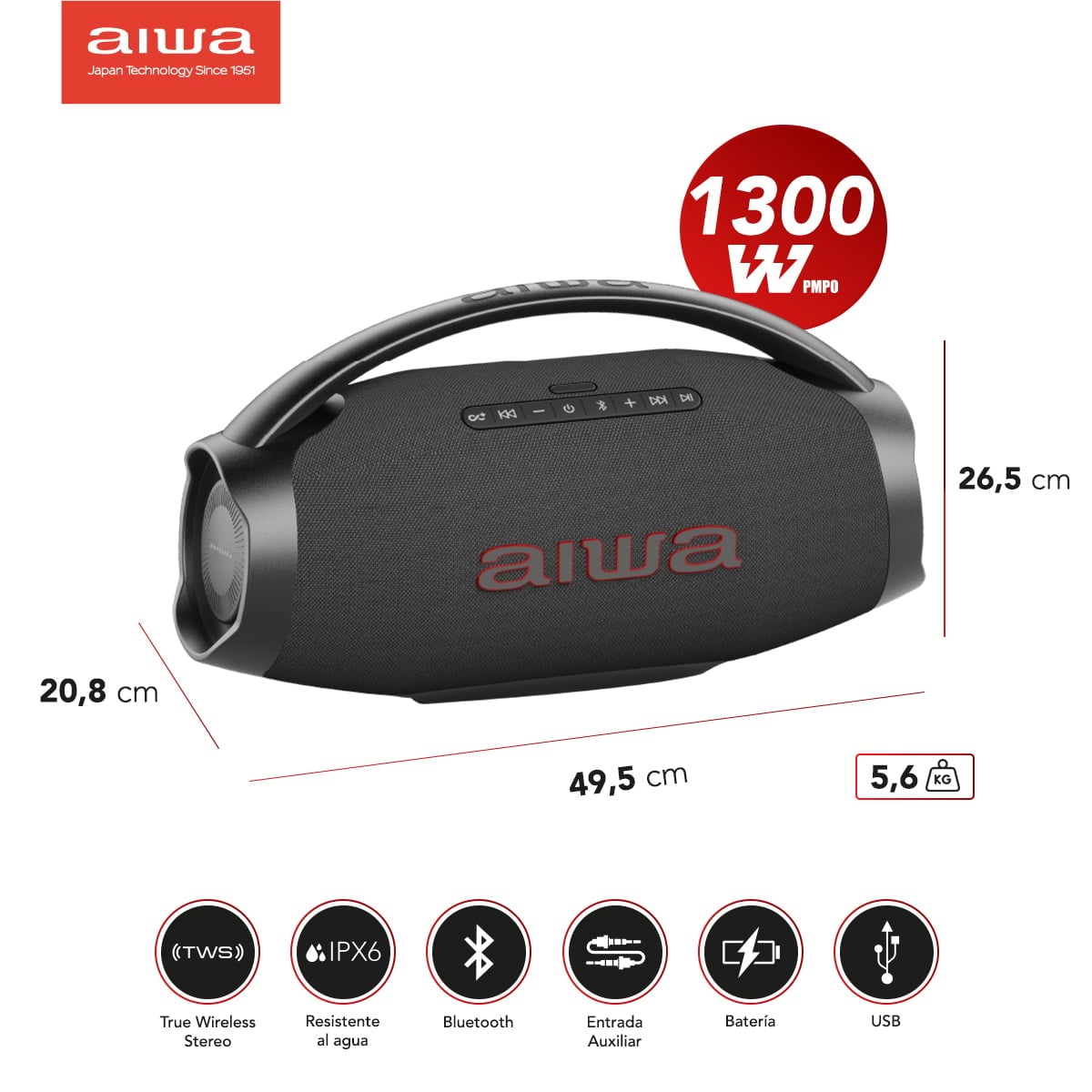 PARLANTE AIWA PARTY POWER BOOMBOX AWH51BT 130W RMS. - 4