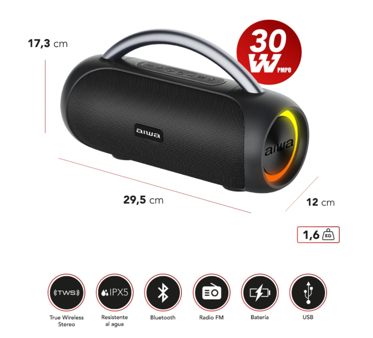 PARLANTE AIWA PORTÁTIL AWS10BTB 20W RMS. - 2