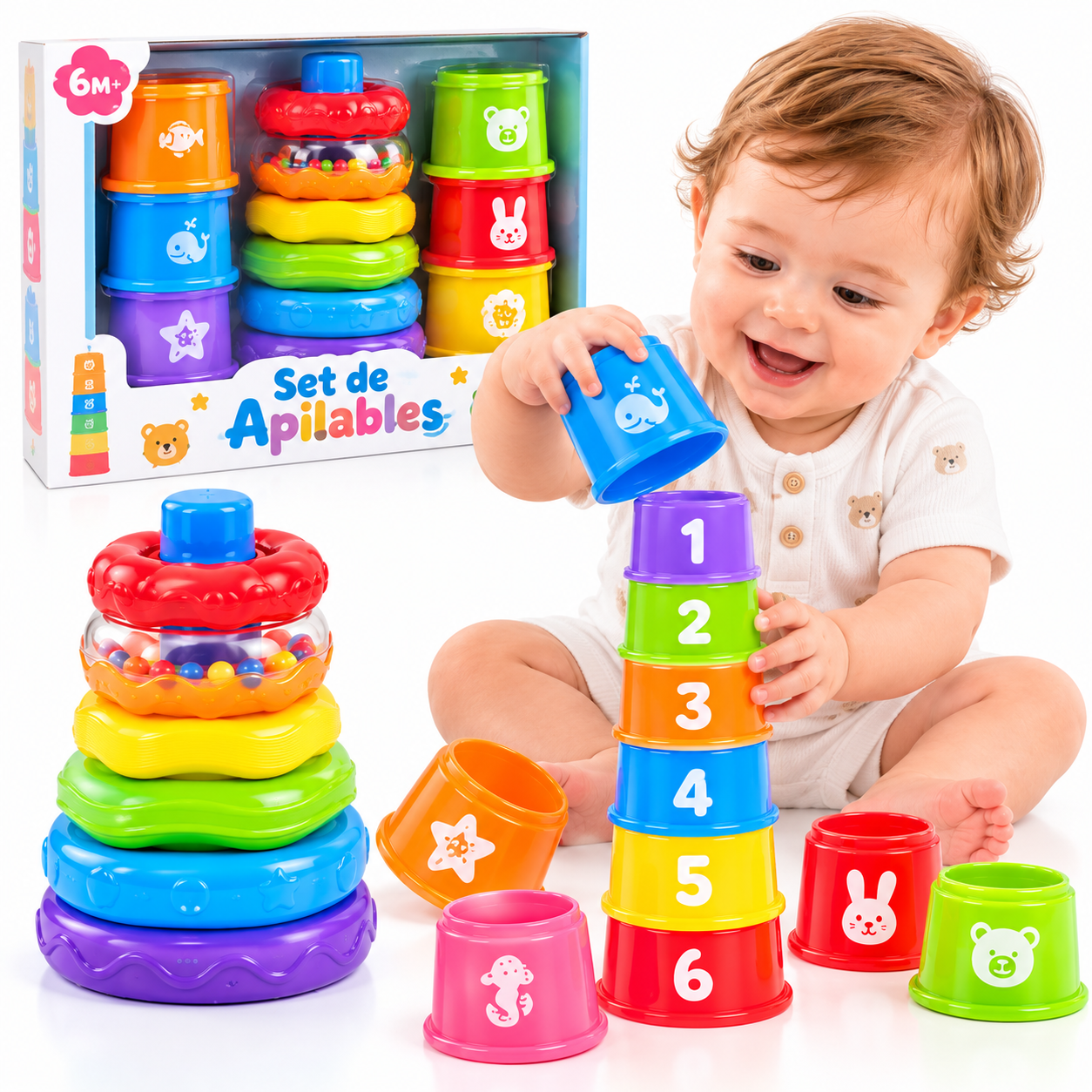 Set Aros con Vasos Apilables para Bebés – Juguete Didáctico de Estimulación - 1