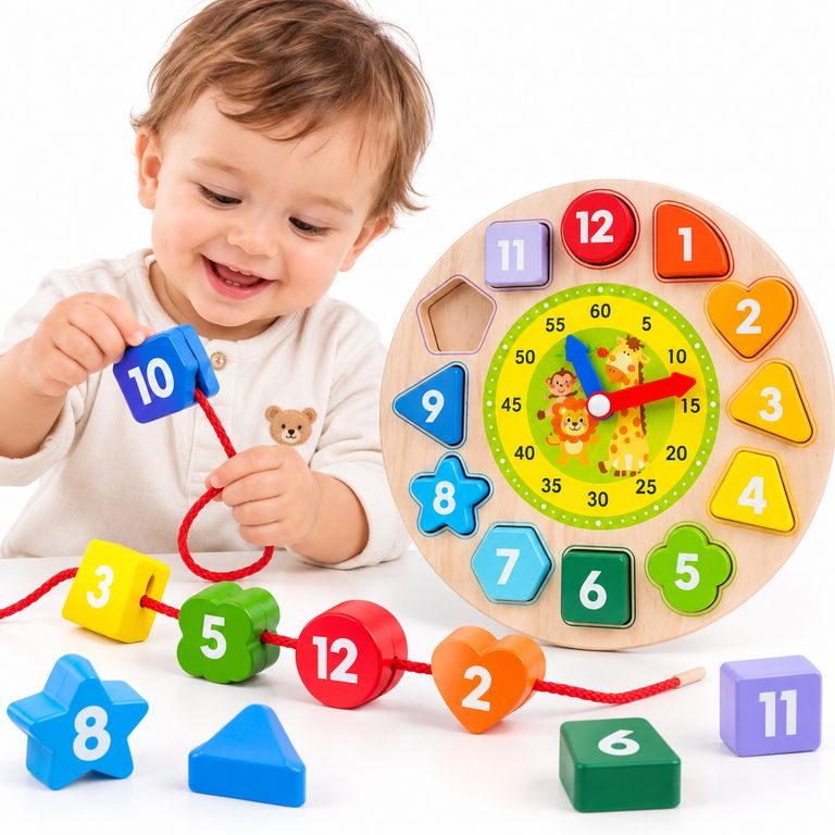 RELOJ DIDÁCTICO DE MADERA PARA NIÑOS – ENCAJE, ENHEBRADO Y NÚMEROS - 1