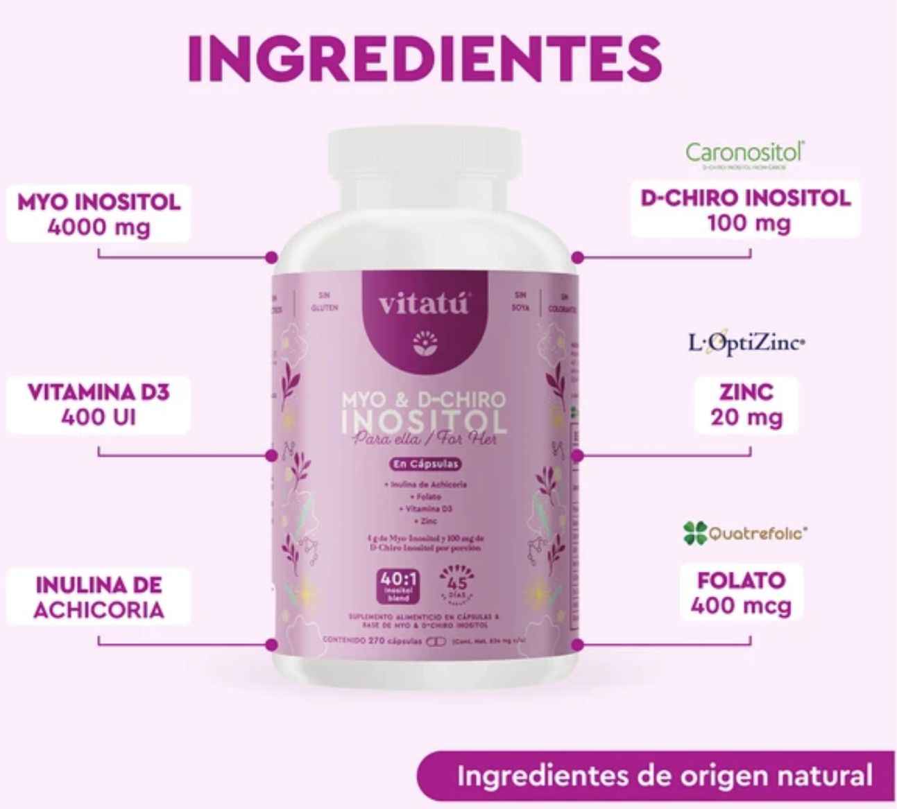 Vitatú Myo & D-Chiro Inositol 40:1 para Mujer | Suplemento 4000 mg + 100 mg con D3, Zinc y Folato | 270 Cápsulas - 45 Días - 2