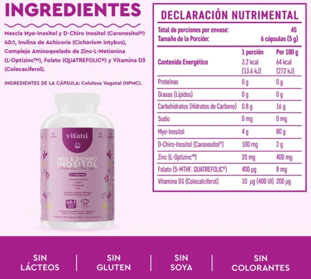 Vitatú Myo & D-Chiro Inositol 40:1 para Mujer | Suplemento 4000 mg + 100 mg con D3, Zinc y Folato | 270 Cápsulas - 45 Días - 6