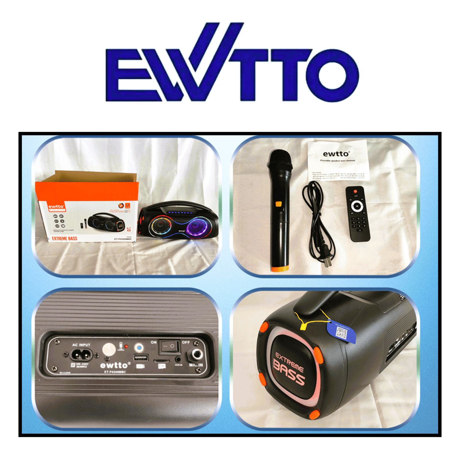 PARLANTE EWTTO INALÁMBRICO PORTÁTIL EXTREME BASS 40 WATTS 50 CM BT/AUX/USB/TF ET-P4300MBC (NUEVO) - 2