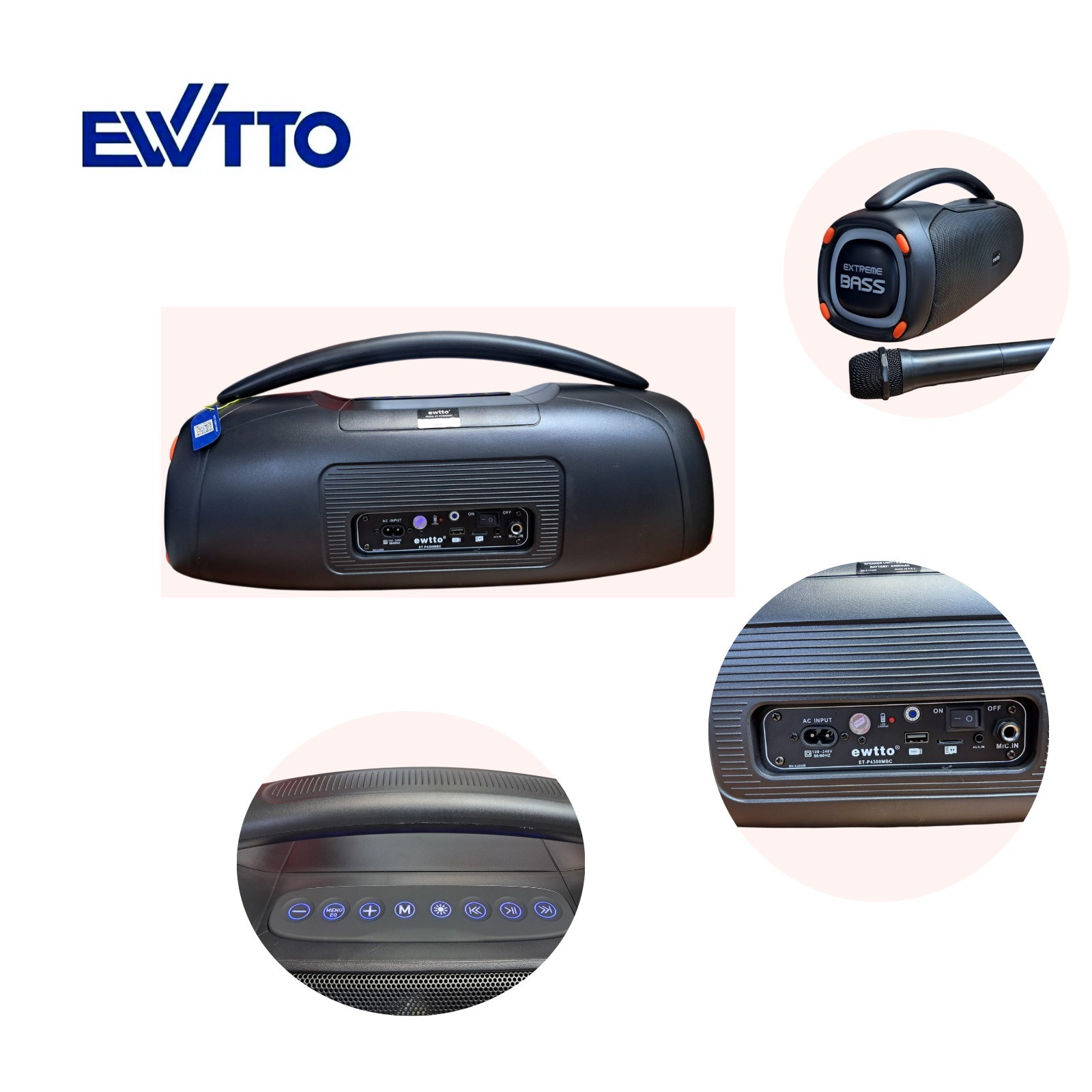 PARLANTE EWTTO INALÁMBRICO PORTÁTIL EXTREME BASS 40 WATTS 50 CM BT/AUX/USB/TF ET-P4300MBC (NUEVO) - 3
