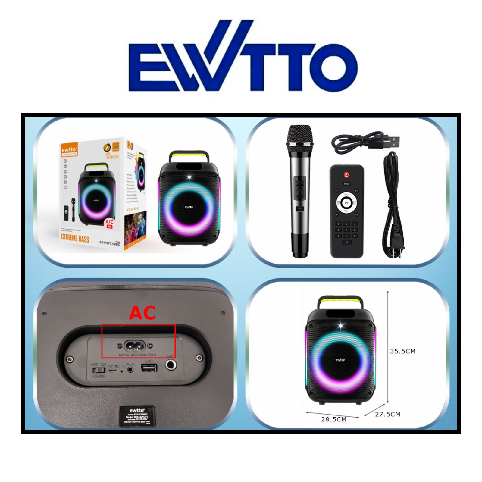 PARLANTE EWTTO INALÁMBRICO 8 PULGADAS 40 WATTS 3600 MAH BT/AUX/USB/TF + MICRÓFONO ET-P5777MBC (2026) - 3