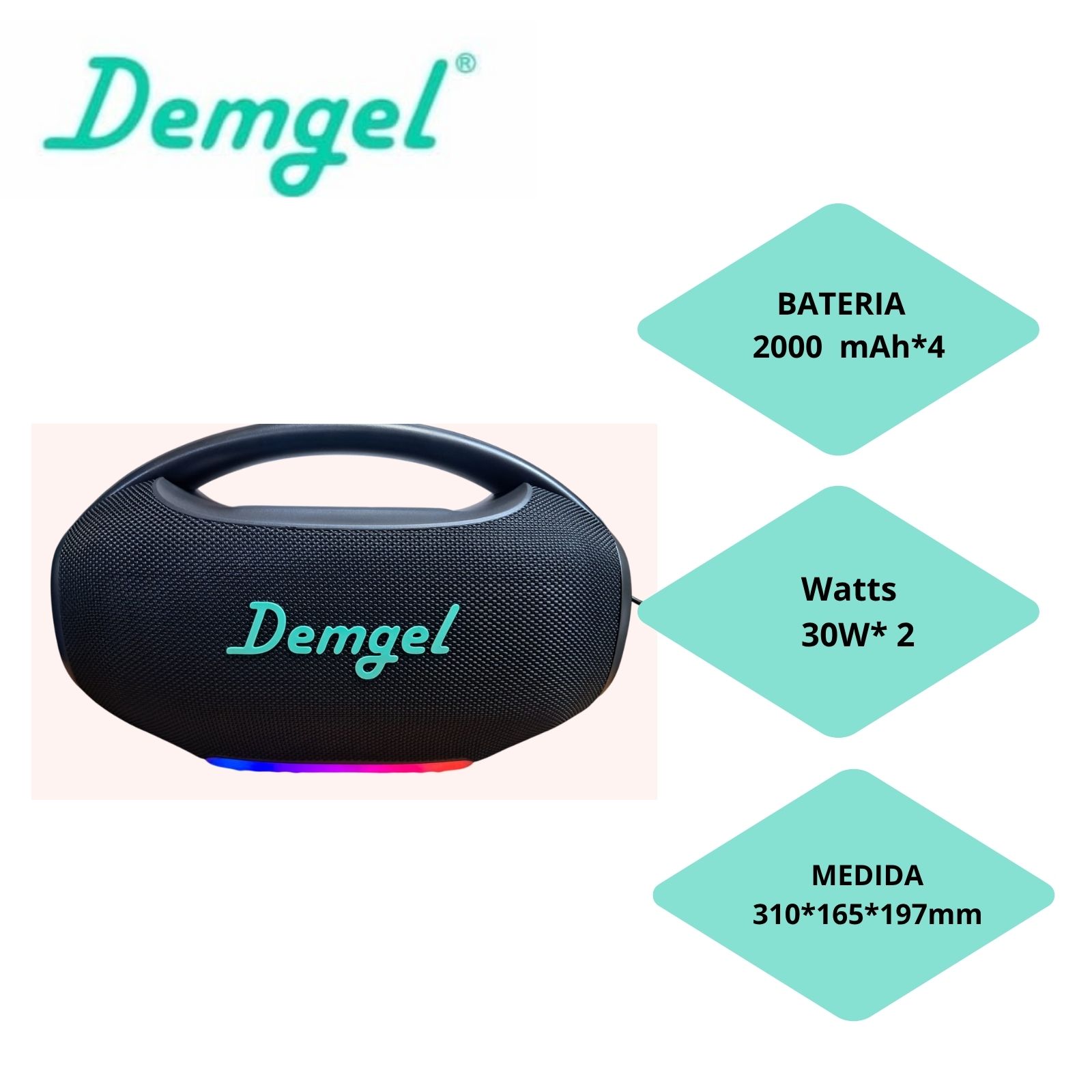 PARLANTE DEMGEL PORTATIL INALAMBRICO 60 WATTS RMS 4 HORAS NEGRO BT/USB/RGB/TWS 2000MAH D-P8009 2026 - 1
