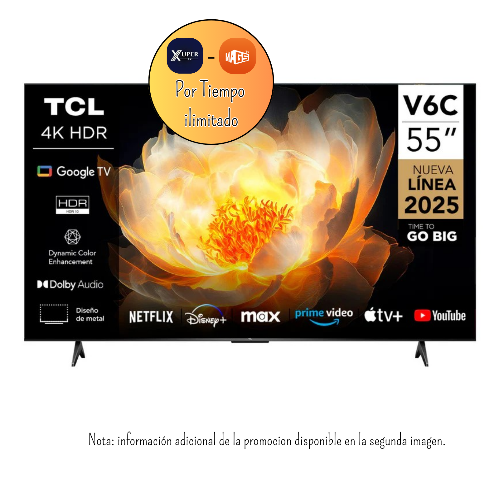 TELEVISOR TCL 55 PULGADAS 4K HDR GOOGLE TV SMART TV HVA PANEL 55V6C + PROMOCION (NUEVO MODELO) - 1