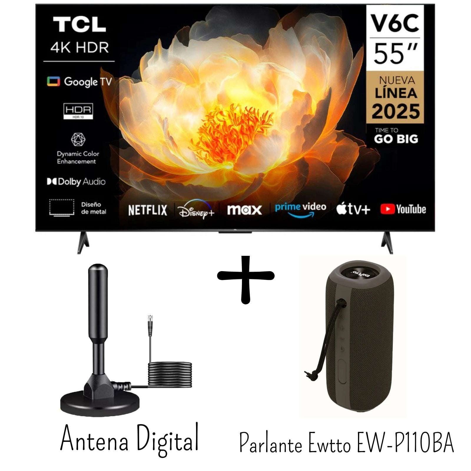TELEVISOR TCL 55 PULGADAS 4K HDR GOOGLE TV 55V6C + ANTENA DIGITAL + PARLANTE EWTTO EW-P110BA IPX6 - 1