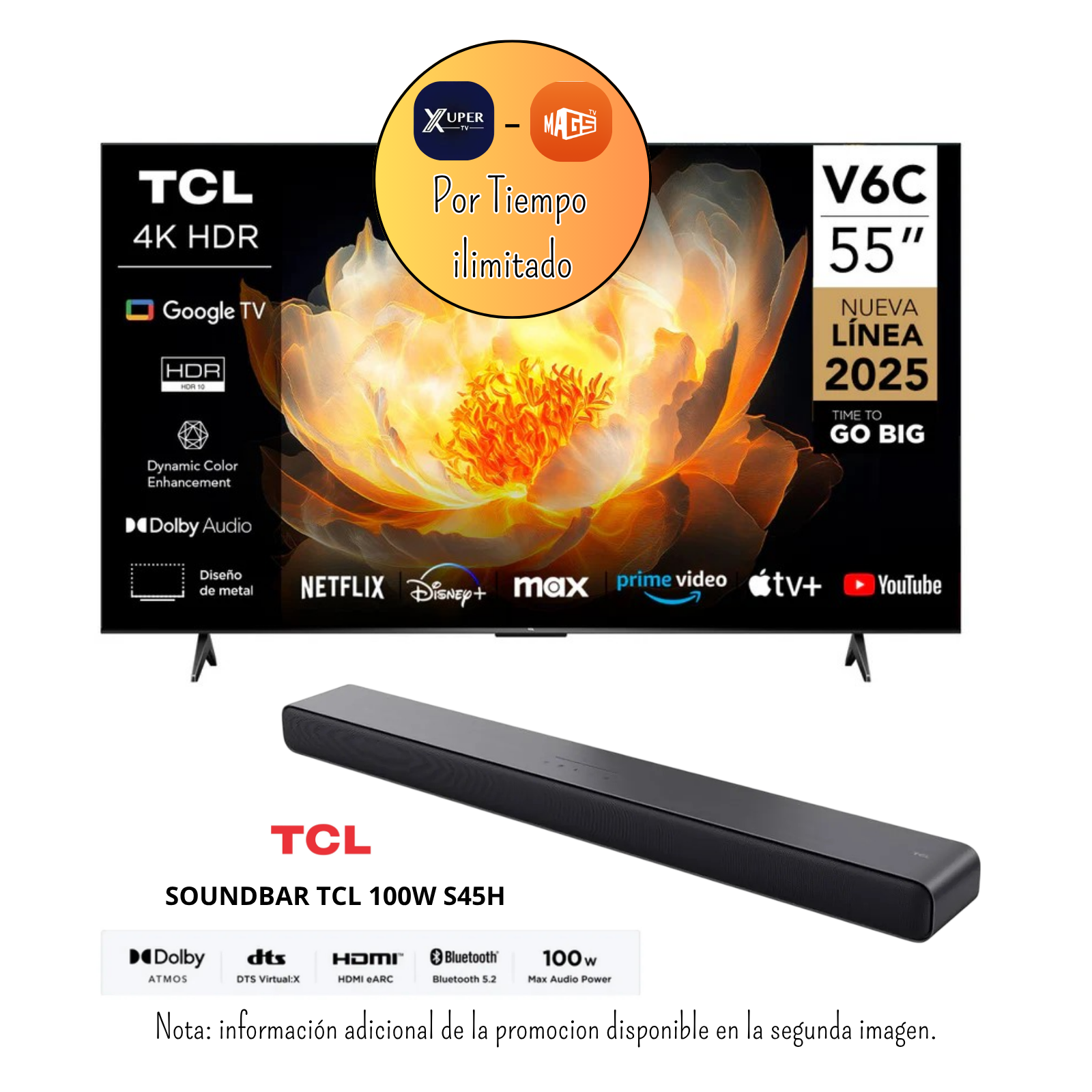 TELEVISOR TCL 55 PULGADAS 4K HDR GOOGLE TV SMART TV 55V6C + PROMOCION + SOUNDBAR TCL BLUETOOTH 2.0 S45H NEGRO - 1
