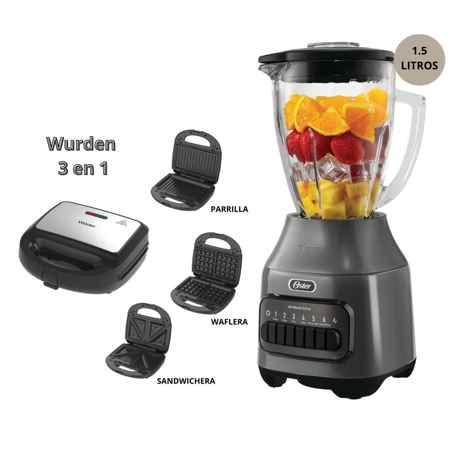 LICUADORA OSTER 6 VELOCIDADES 1.5 LITROS BLSTPEG-GPB + SANDWICHERA 3 EN 1 WURDEN WSM-BRATEN 750W - 1