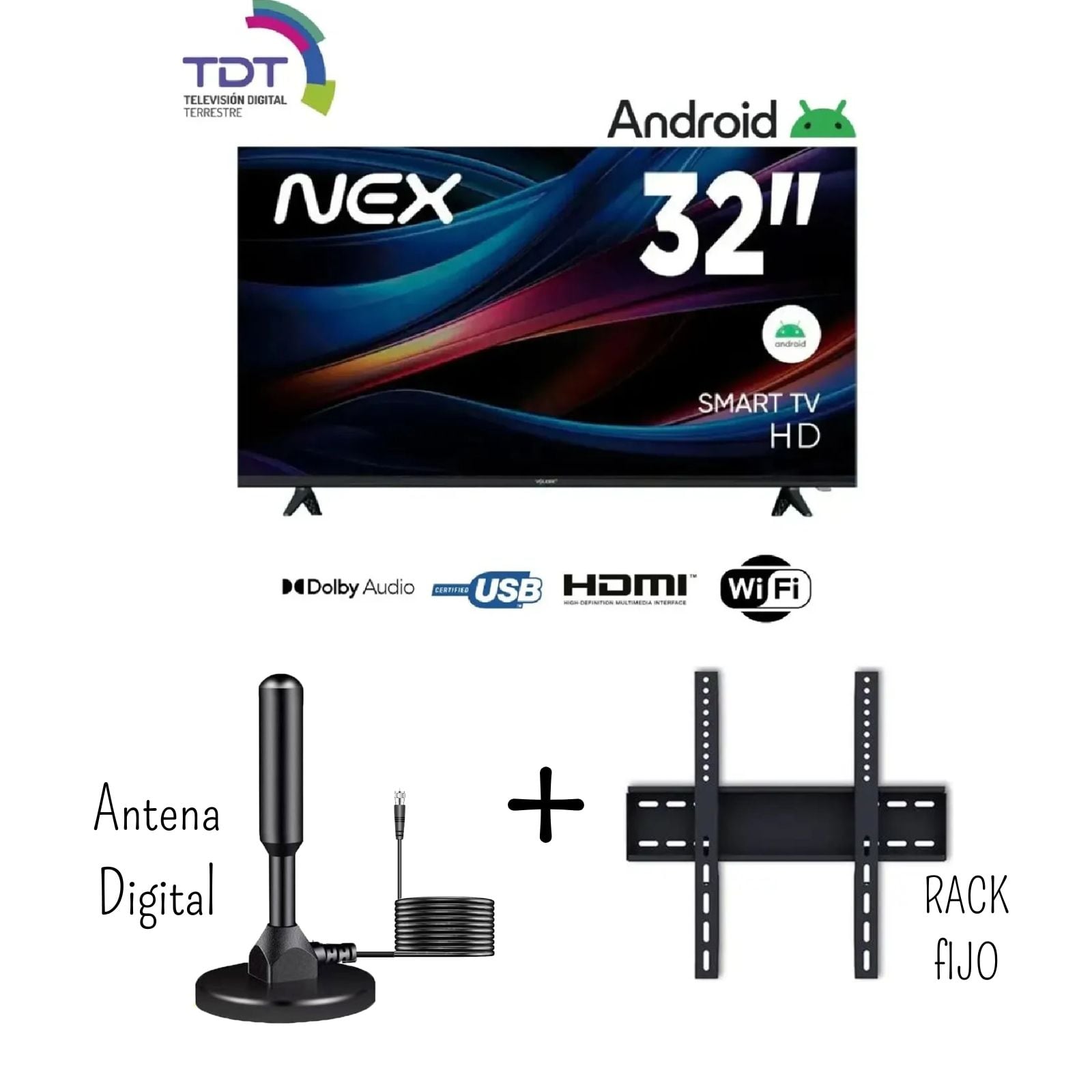 TELEVISOR NEX 32 PULGADAS HD SMART TV ANDROID 14 TVLED32S + ANTENA DIGITAL + RACK (COMBO) - 1