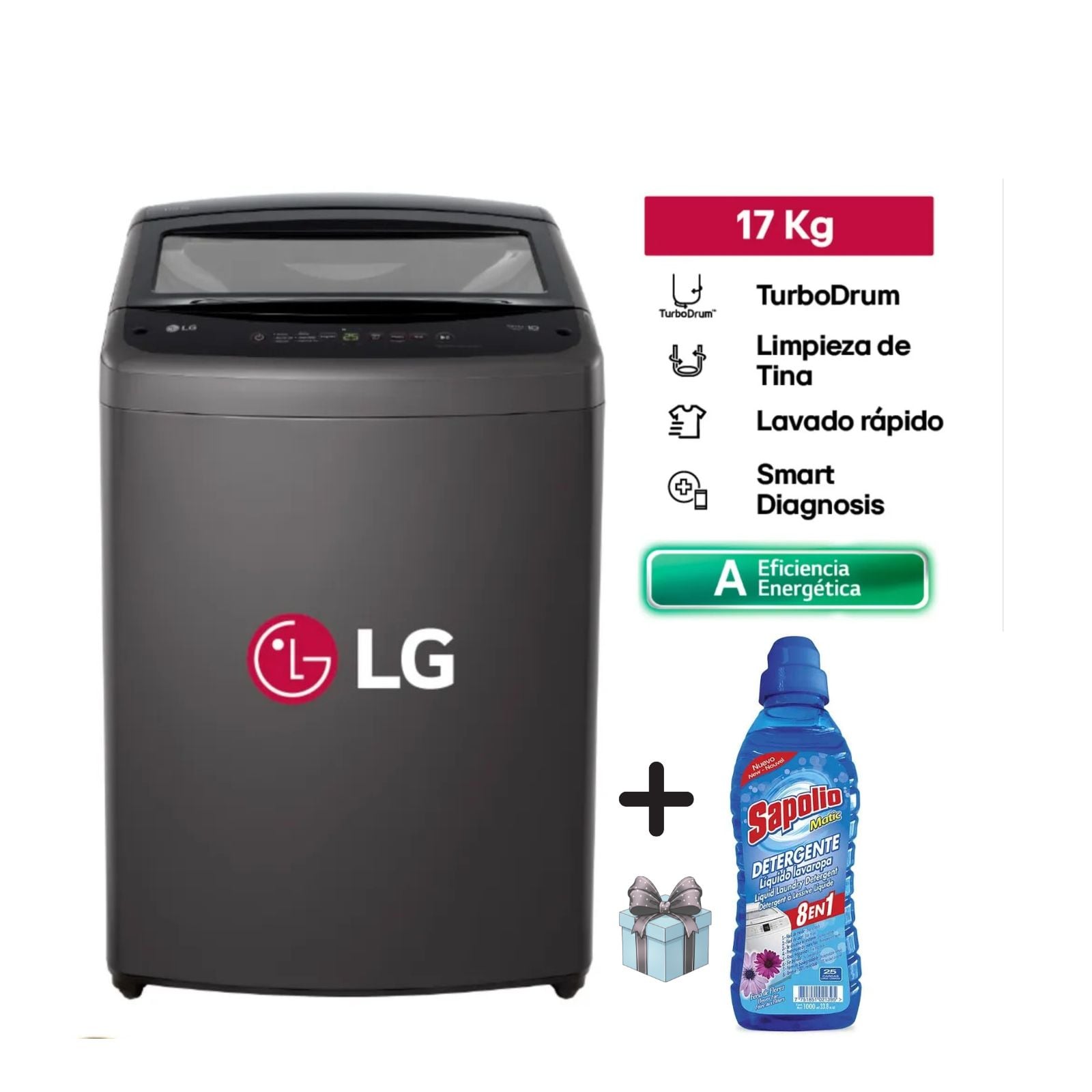 LAVADORA LG 17 KILOS CARGA SUPERIOR TURBO DRUM WT17BVTB + DETERGENTE LÍQUIDO SAPOLIO 1 LITRO - 1