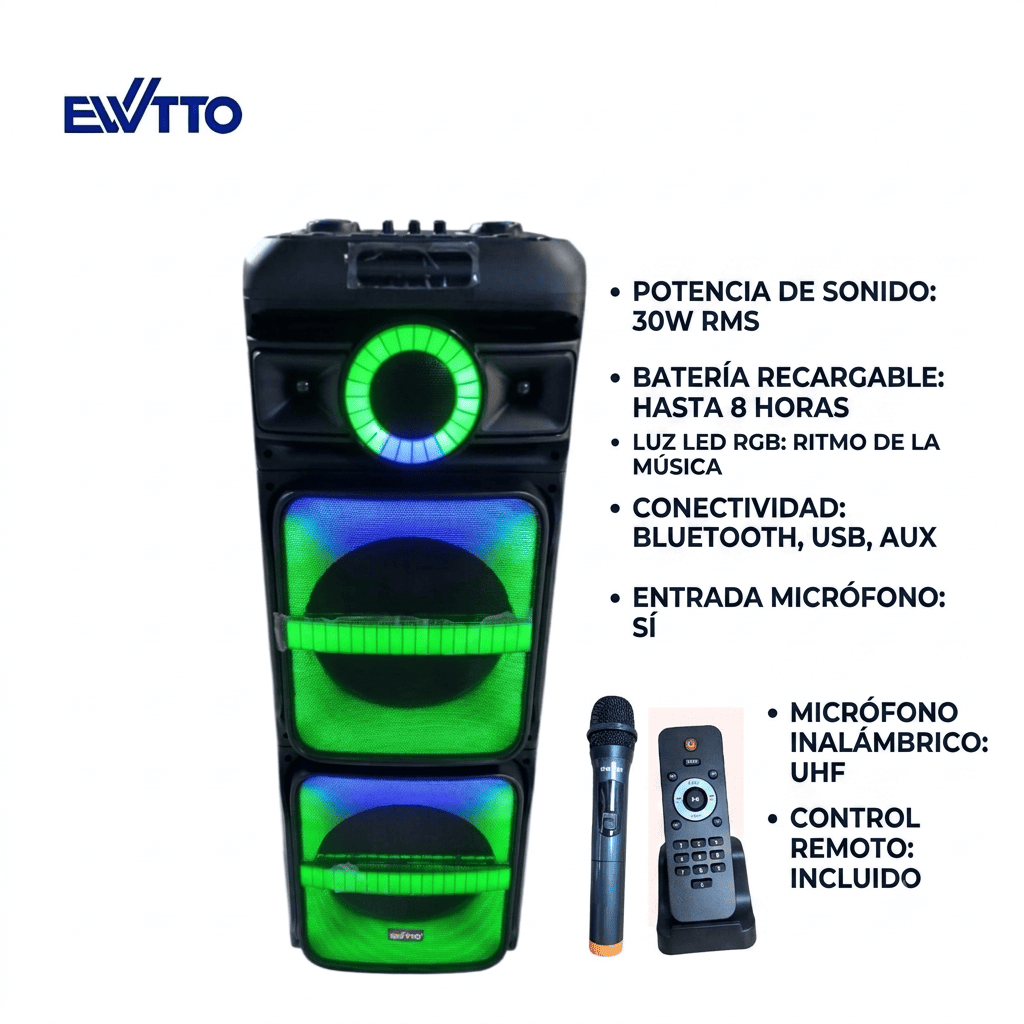 PARLANTE EWTTO 1000WATTS PMPO BTUSBTFFMAUXMICLUZ RGB + MICROFONO INALAMBRICO EW-P519MBC - 2