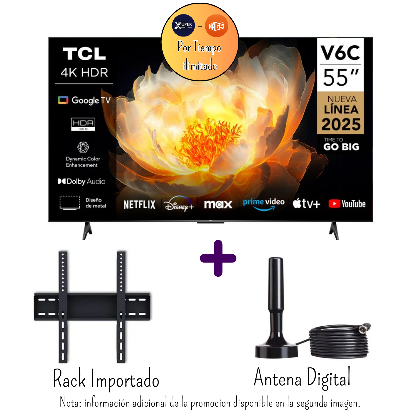 TELEVISOR TCL 55 PULGADAS 4K HDR GOOGLE TV SMART TV 55V6C + PROMOCION +ANTENA DIGITAL + RACK (NUEVO MODELO) - 1