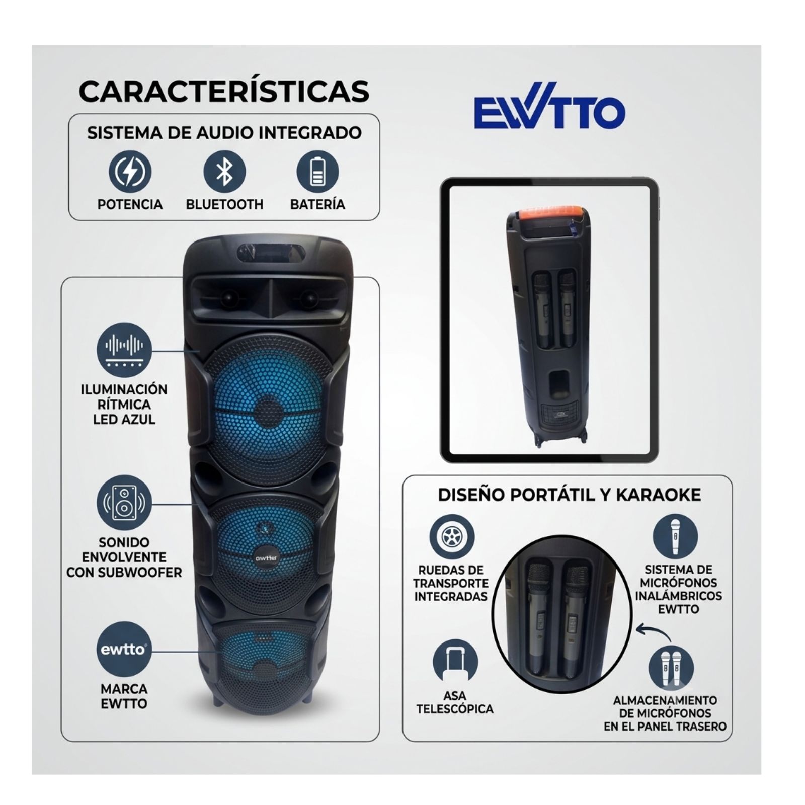 PARLANTE EWTTO EXTREME BASS 3000MAH BT/AUX/USB/TF + 2 MICROFONOS INALAMBRICO ET-P5757MBC - 2