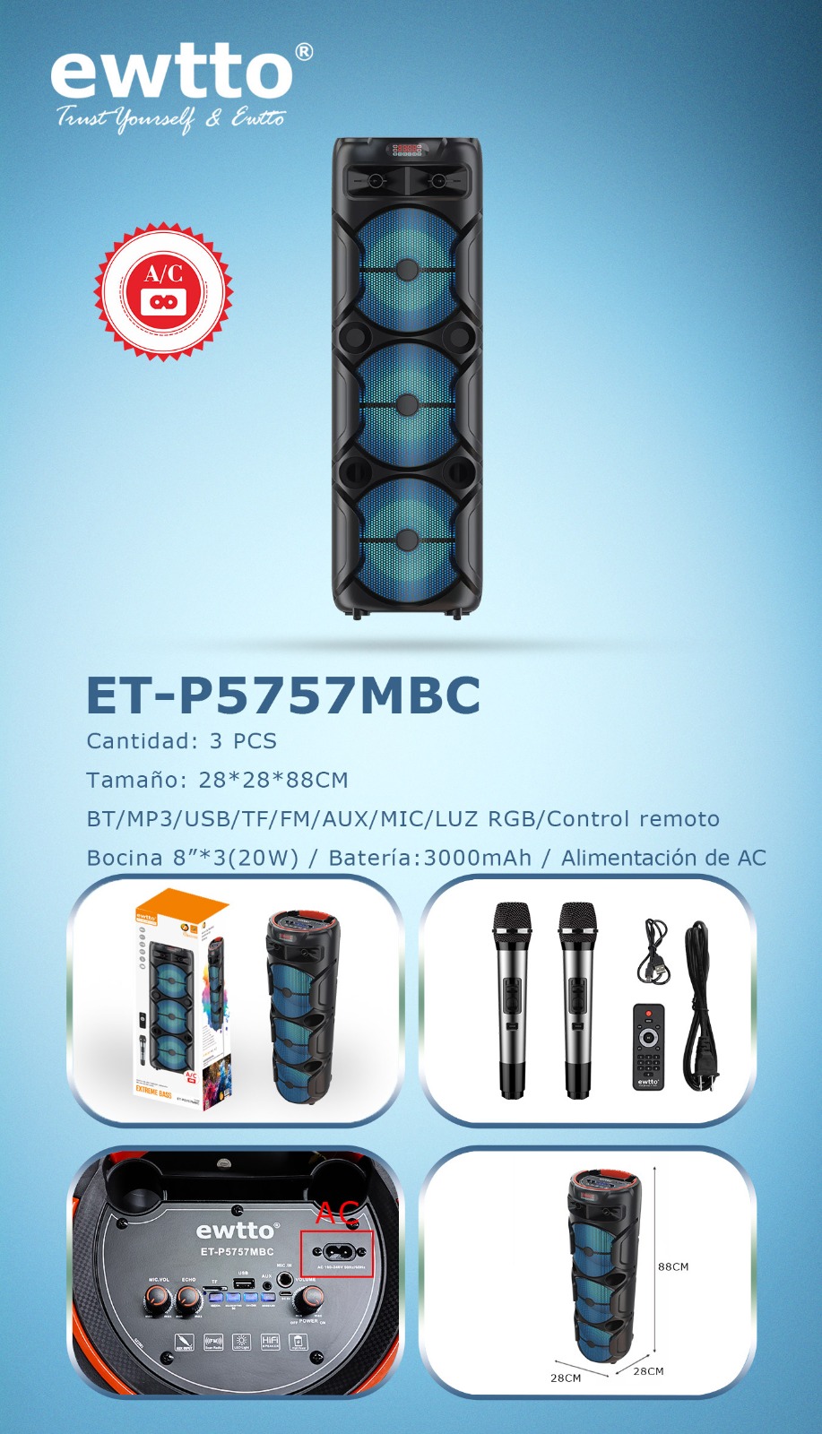 PARLANTE EWTTO EXTREME BASS 3000MAH BT/AUX/USB/TF + 2 MICROFONOS INALAMBRICO ET-P5757MBC - 4