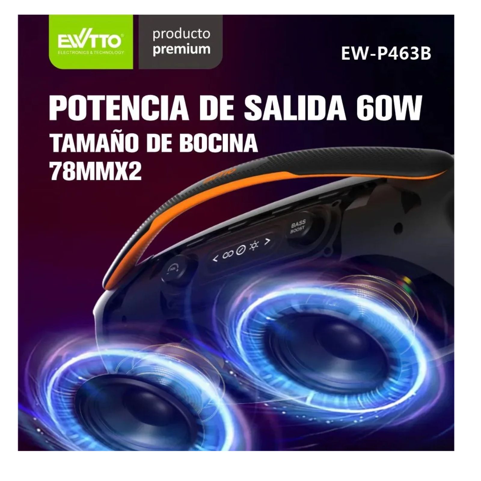 PARLANTE BLUETOOTH EWTTO INALÁMBRICO 60W BT/AUX/USB/TF 2 BOCINAS DE 78MM - EW-P463B (NUEVO MODELO) - 2