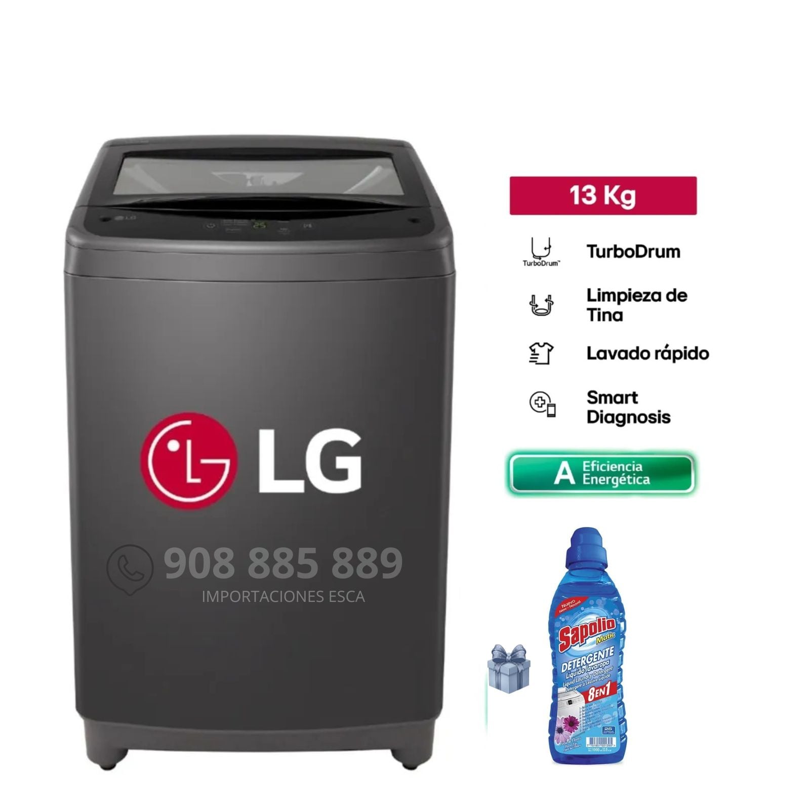 LAVADORA LG 13KG CARGA SUPERIOR WT13BVTB - NEGRO CLARO + DETERGENTE LIQUIDO SAPOLIO 1L. COMBO - 1
