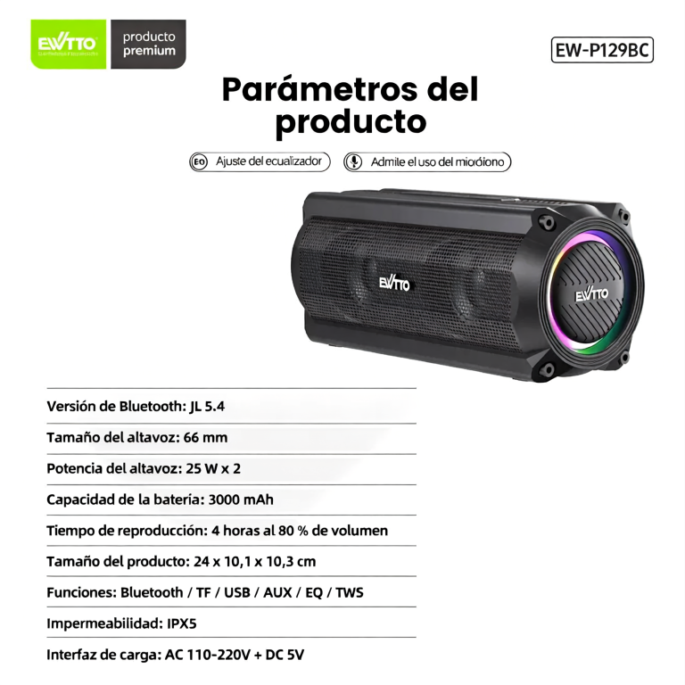 PARLANTE PORTATIL EWTTO 50 WATTS AI BASS 6000MAH IPX5 8/10 HORAS AC EW-P129BC + 12 MESES DE GARANTÍA - 3