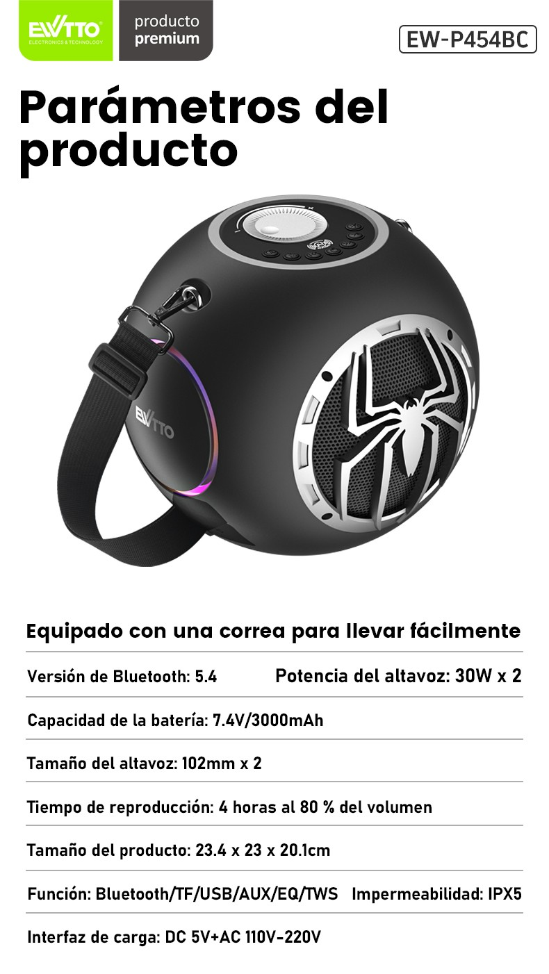 PARLANTE INALÁMBRICO EWTTO AI BASS 30W X 2 - BLUETOOTH / TF / USB / AUX / EQ / TWS EW-P454BC - 3