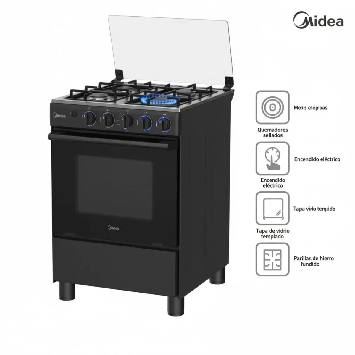 COCINA A GAS MIDEA 4 HORNILLAS 24' 67 LITROS NEGRO MGS24FS2LFABBC + 1 AÑO DE GARANTÍA (NUEVO) - 1