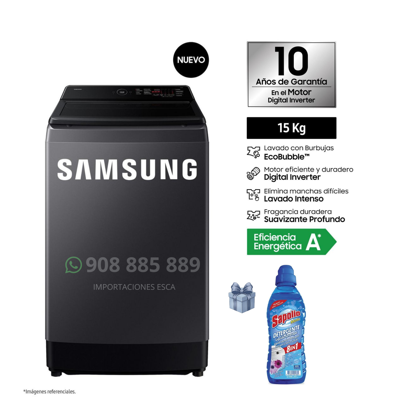 LAVADORA SAMSUNG 15 KILOS CARGA SUPERIOR WA40F15E4CPE + DETERGENTE LIQUIDO SAPOLIO 1L. (MODELO 2026) - 1