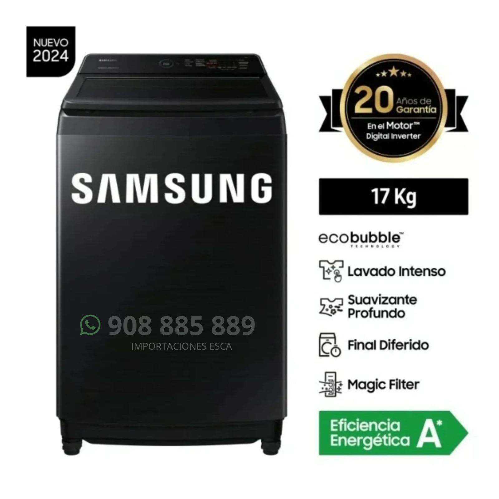 LAVADORA SAMSUNG AUTOMÁTICA 17 KILOS ECOBUBBLE NEGRO WA17CG6441BV - NUEVO MODELO - 1