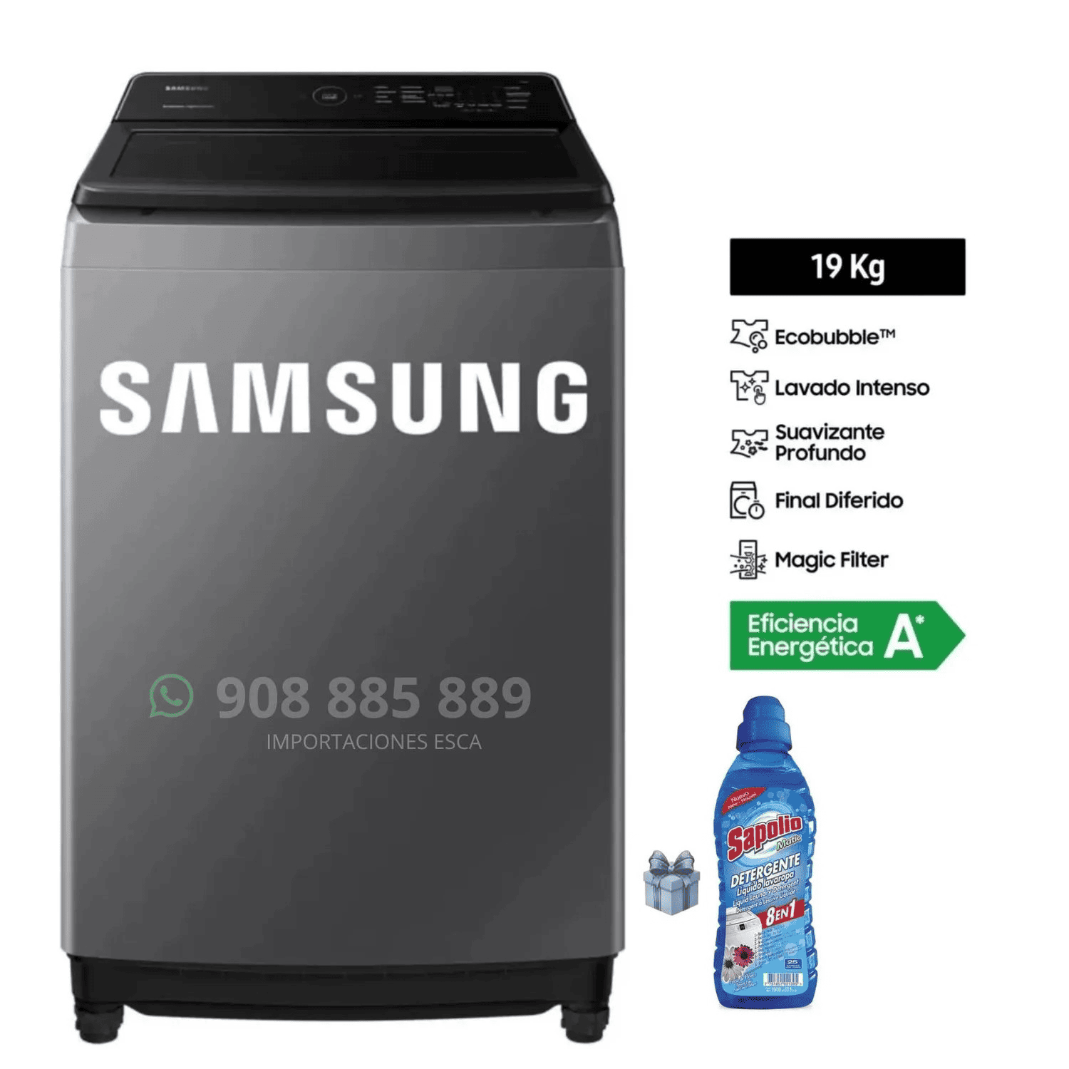 LAVADORA SAMSUNG 19 KILOS ECOBUBBLE CARGA SUPERIOR WA19CG6441BD - DETERGENTE LIQUIDO SAPOLIO 1L. - 1
