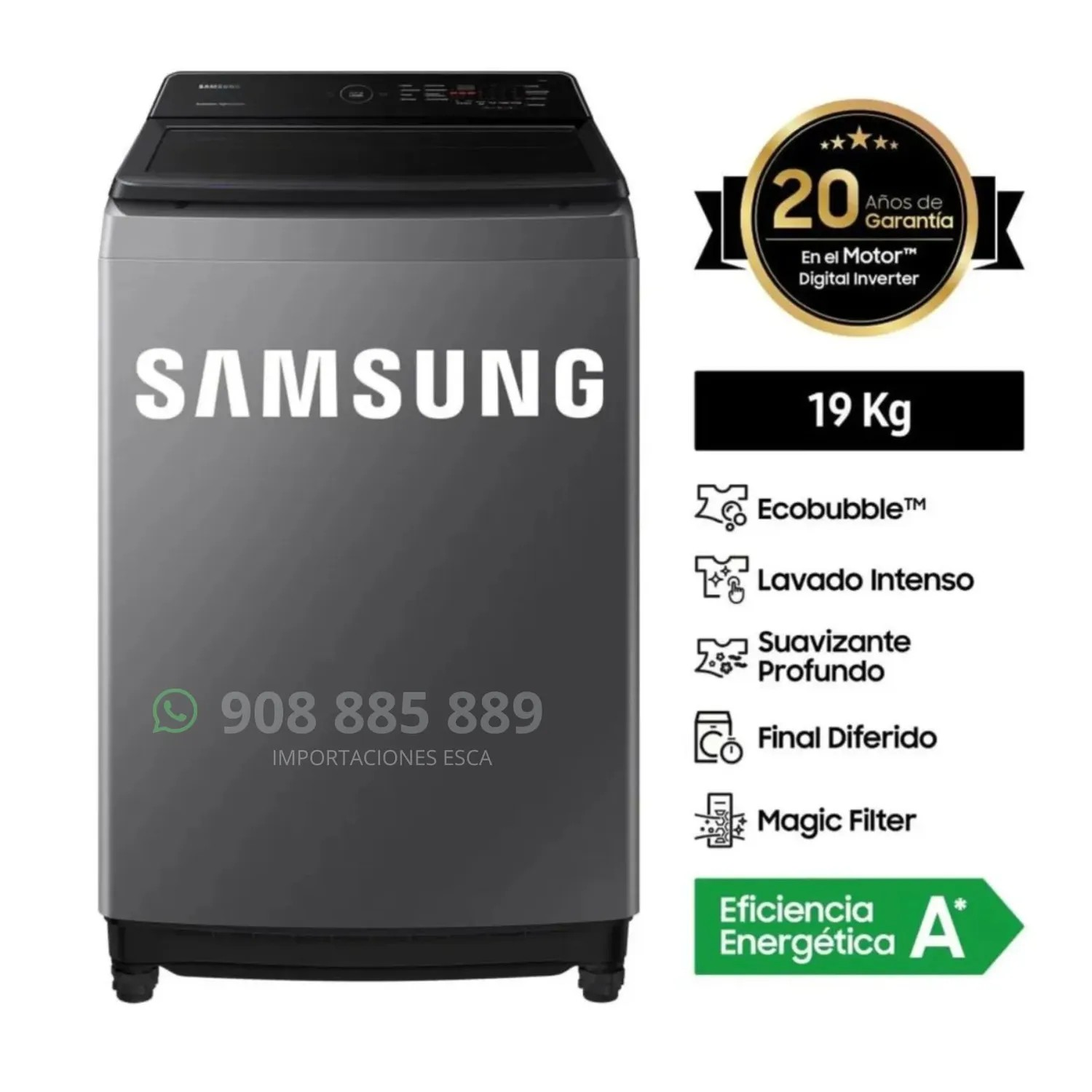 LAVADORA SAMSUNG 19 KILOS ECOBUBBLE CARGA SUPERIOR WA19CG6441BD - DETERGENTE LIQUIDO SAPOLIO 1L. - 2