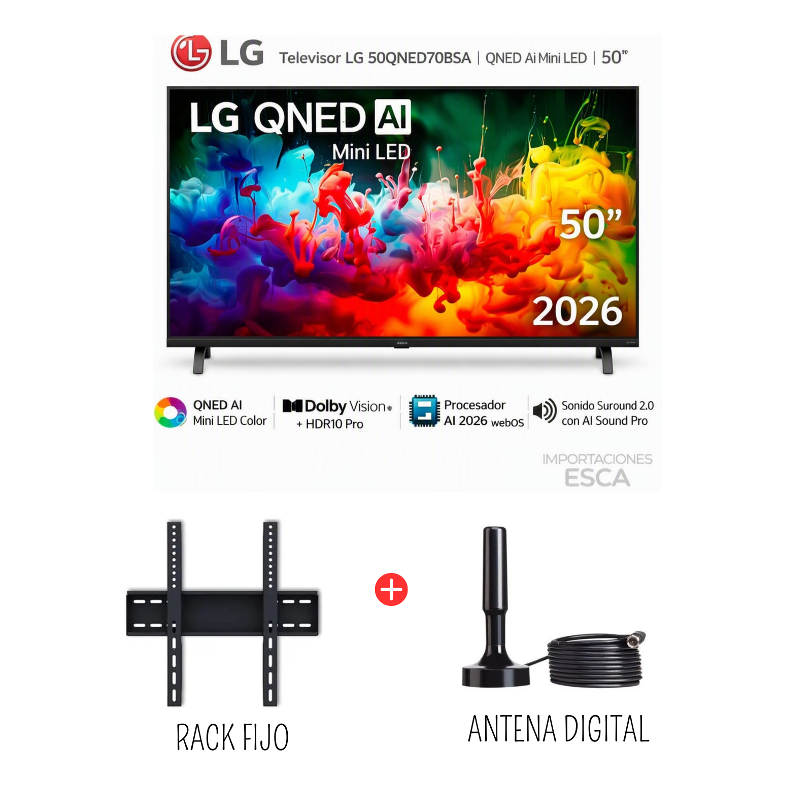 TELEVISOR LG 50 PULGADAS QNED MINI-LED UHD 4K 50QNED70BSA + CONTROL MAGIC + RACK FIJO +ANTENA DIGITAL - 1