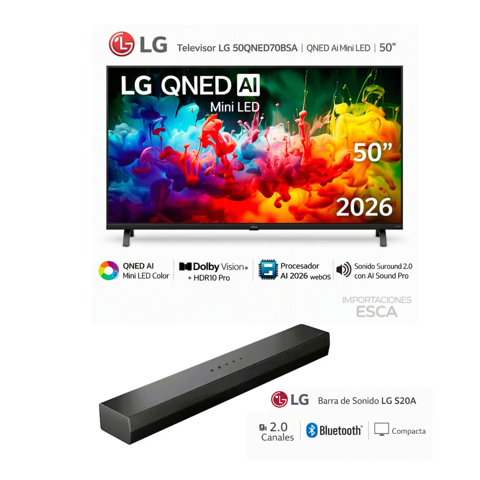 TELEVISOR LG 50 PULGADAS QNED MINI-LED UHD 4K 50QNED70BSA + SOUNDBAR LG S20A - 1