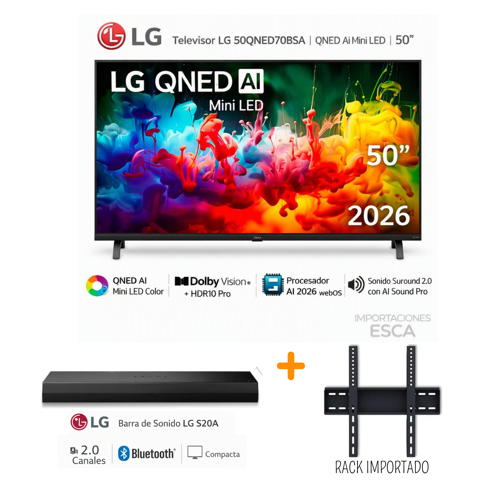 TELEVISOR LG 50 PULGADAS QNED MINI-LED UHD 4K 50QNED70BSA + SOUNDBAR LG S20A + RACK FIJO - 1