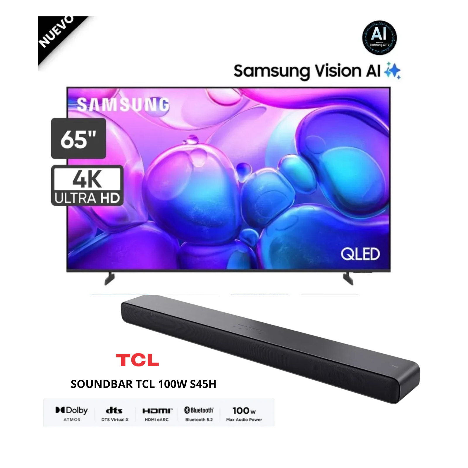 TELEVISOR SAMSUNG 65 PULGADAS QLED UHD 4K TIZENOS QN65Q6FAAGXPE + SOUNDBAR TCL 100W S45H (COMBO) - 1