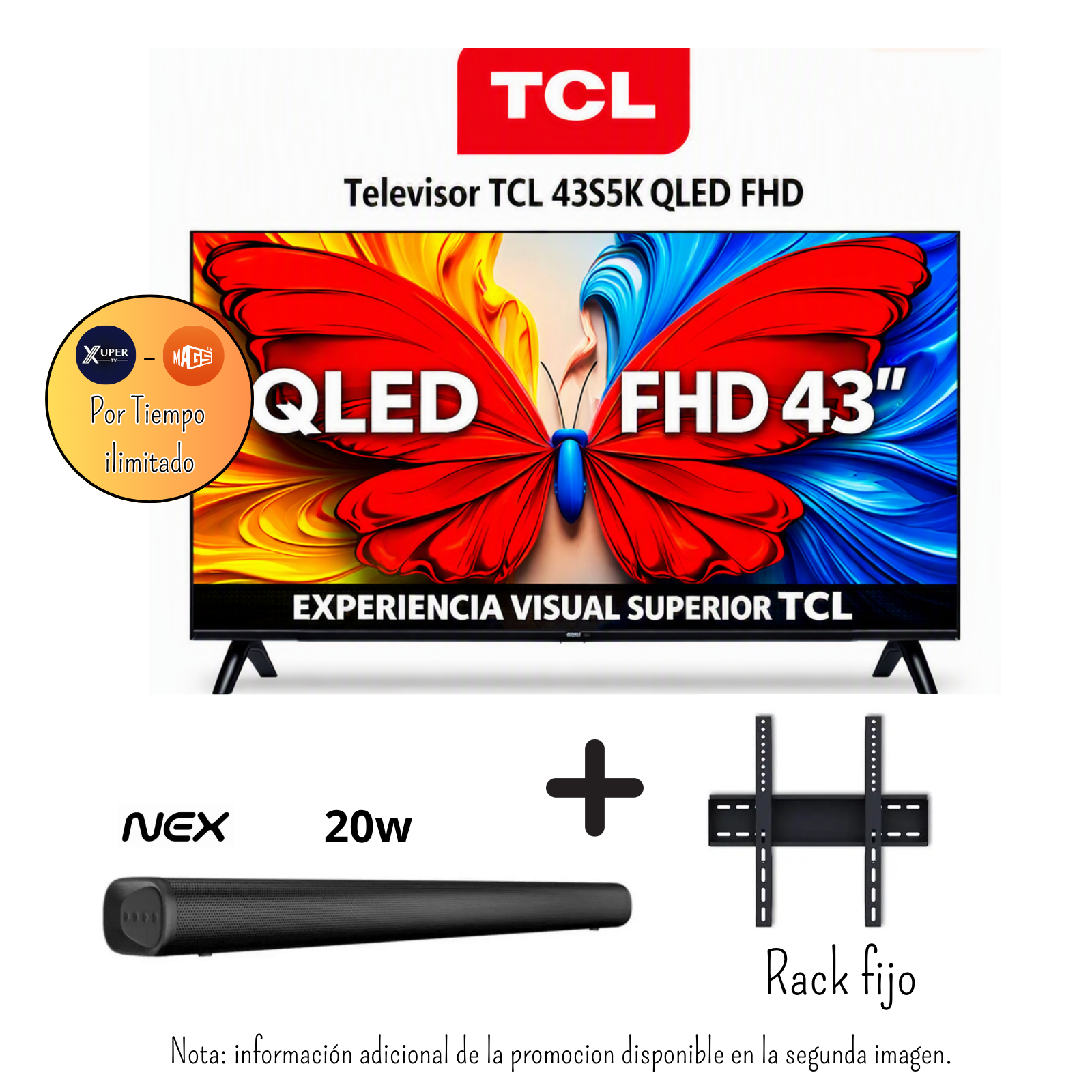 TELEVISOR TCL 43 PULGADAS FHD QLED GOOGLE TV 43S5K + PROMOCIÓN + SOUNBAR NEX PSB32 + RACK - 1